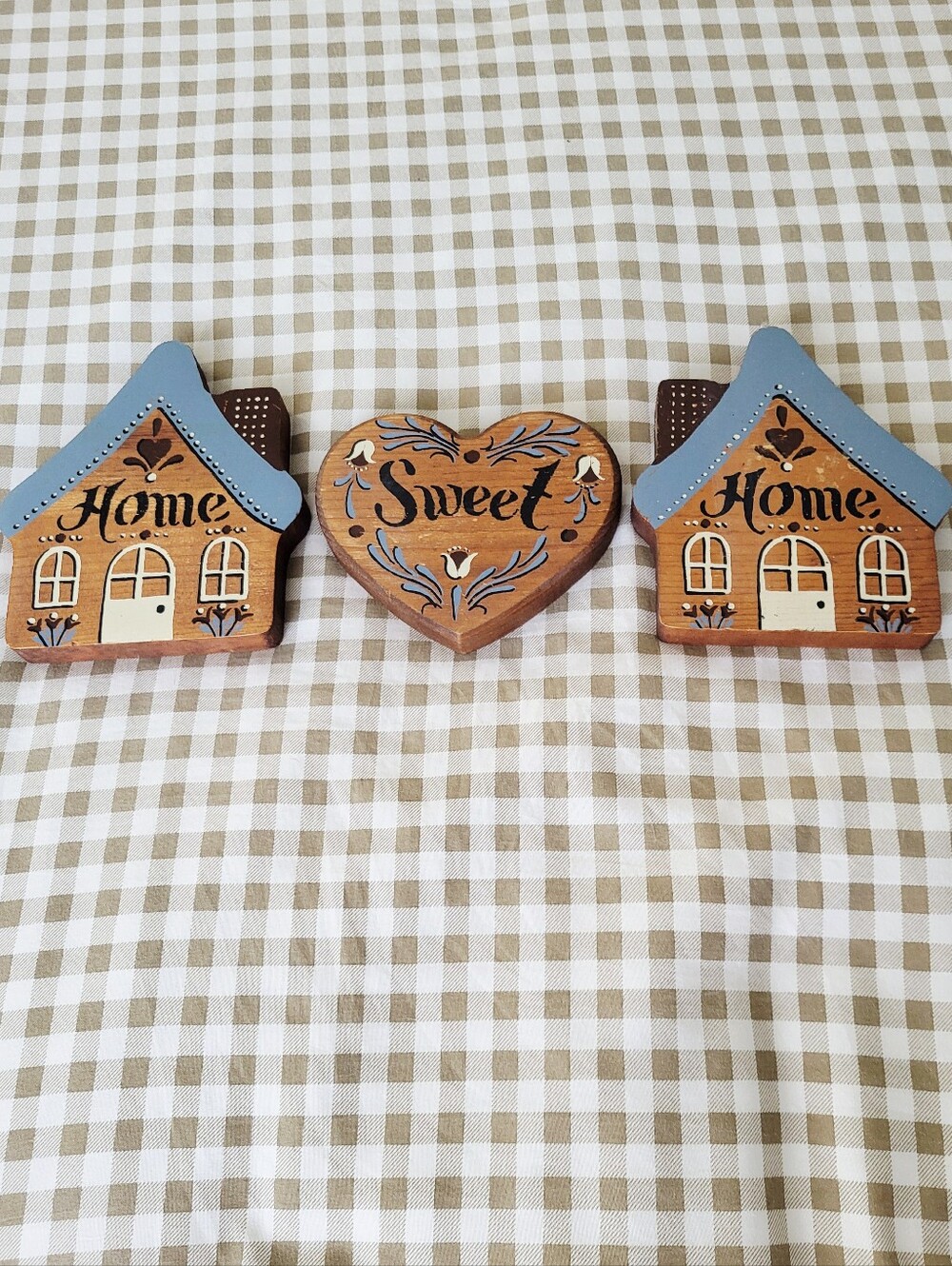 Vintage 1980's Blue Country Wooden "Home Sweet Home" 3 Piece Wall Hanging